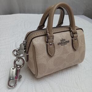 NWT COACH Mini Rowan Satchel Bag Charm In Signature Canvas Sand/Taupe/ Silver